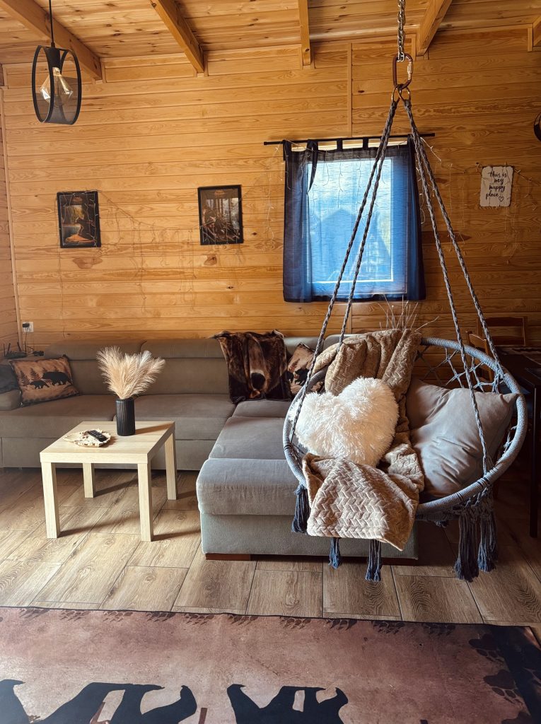 Domki na urlop Kaszuby – salon w drewnianym domku z kanapą i fotelem wiszącym